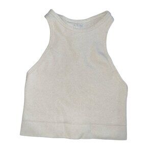 Nux High Neck Ribbed Racerback Crop Sports Bra Tank Top Sz Small Womens Beige